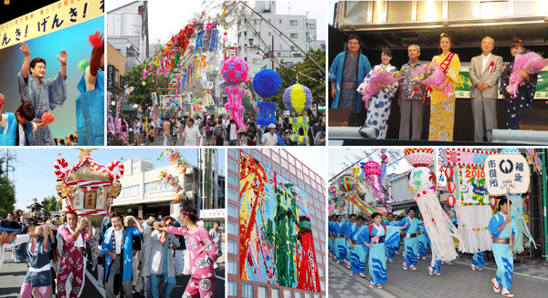 写真:(上段左から)プレイベント、福生駅前通り、織姫コンテスト(下段左から)みこしパレード、庁舎壁面飾り、民踊パレード