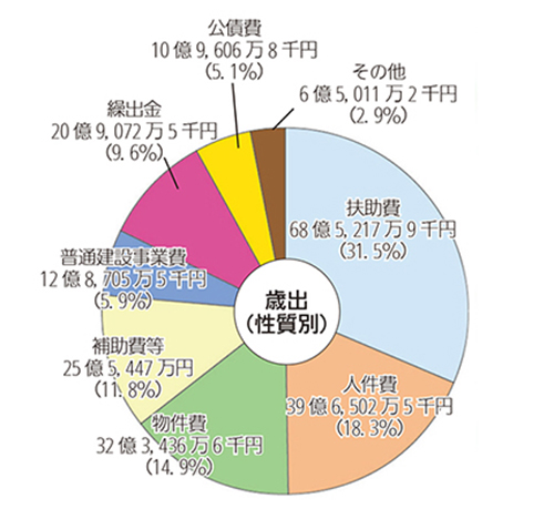 画像:平成25年度一般会計予算額及び構成比(歳出性質別)円グラフ 内訳:扶助費68億5,217万9千円(31.5%)人件費39億6,502万5千円(18.3%)物件費32億3,436万6千円(14.9%)補助費25億5,447万円(11.8%)普通建設事業費12億8,705万5千円(5.9%)繰出金20億9,072万5千円(9.6%)公債費10億9,606万8千円(5.1%)その他6億5,011万2千円(2.9%)
