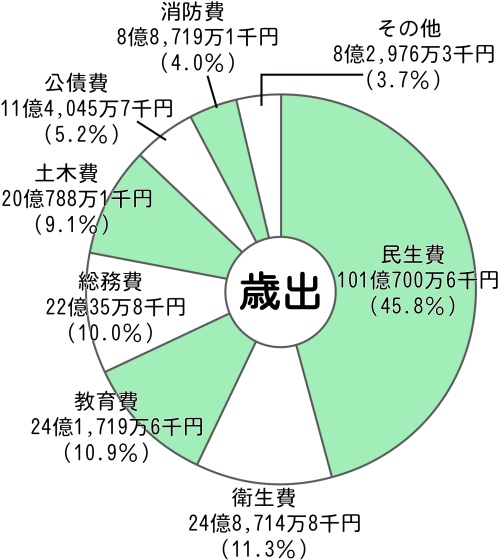 画像:平成24年度一般会計予算額及び目的別構成比(歳出)円グラフ 内訳:民生費101億700万6千円(45.8%)衛生費24億8,714万8千円(11.3%)教育費24億1,719万6千円(10.9%)総務費22億35万8千円(10.0%)土木費20億788万1千円(9.1%)公債費11億4,045万7千円(5.2%)消防費8億8,719万1千円(4.0%)その他8億2,976万3千円(3.7%)