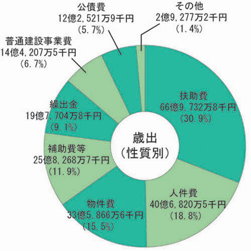 画像:平成23年度一般会計予算額及び構成比(歳出性質別)円グラフ 内訳:扶助費66億9,732万8千円(30.9%)人件費40億6,820万5千円(18.8%)物件費33億5,866万6千円(15.5%)補助費等25億8,268万7千円(11.9%)繰出金19億7,704万8千円(9.1%)普通建設事業費14億4,207万5千円(6.7%)公債費12億2,521万9千円(5.7%)その他2億9,277万2千円(1.4%)