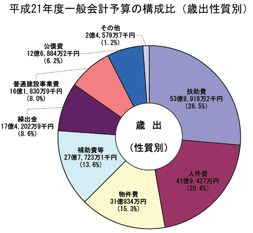 画像:平成21年度一般会計予算額及び構成比(歳出性質別)円グラフ 内訳:扶助費53億9,918万2千円(26.5%)人件費41億9,427万円(20.6%)物件費31億834万円(15.3%)補助費等27億7,723万1千円(13.6%)繰出金17億4,202万9千円(8.6%)普通建設事業費16億1,830万9千円(8.0%)公債費12億6,884万2千円(6.2%)その他2億4,579万7千円(1.2%)
