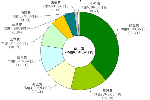 画像：平成17年度一般会計決算額及び構成比（歳出）　円グラフ　民生費78億9,089万5千円（38.4%）教育費31億2,345万8千円（15.2%）衛生費25億4,392万4千円（12.4%）総務費23億1,716万4千円（11.3%）土木費21億1,878万5千円（10.3%）公債費12億1,806万6千円（5.9%）消防費9億1,572万5千円（4.4%）議会費2億8,535万4千円（1.4%）その他1億5,204万1千円（0.7%）