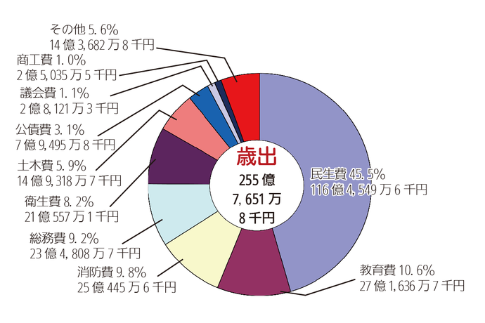 画像:平成28年度一般会計決算額及び構成比(歳出)円グラフ 内訳:民生費46.7%110億2,119万円 教育費11.5%27億1,143万2千円 総務費11.1%26億2,251万4千円 衛生費9.1%21億3,670万3千円 土木費5.6%13億1,387万3千円 消防費5.4%12億6,730万8千円 公債費3.4%8億1,092万8千円 議会費1.3%3億452万7千円 商工費1.1%2億5,686万7千円 その他4.8%11億3,369万8千円