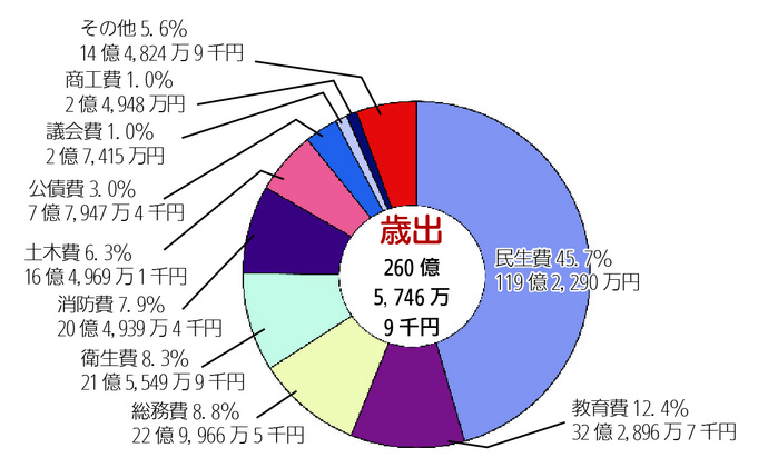 画像:平成29年度一般会計決算額及び構成比(歳出)円グラフ 内訳:民生費46.7%110億2,119万円 教育費11.5%27億1,143万2千円 総務費11.1%26億2,251万4千円 衛生費9.1%21億3,670万3千円 土木費5.6%13億1,387万3千円 消防費5.4%12億6,730万8千円 公債費3.4%8億1,092万8千円 議会費1.3%3億452万7千円 商工費1.1%2億5,686万7千円 その他4.8%11億3,369万8千円