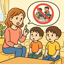 道路で遊ばないよう親が子どもにルールを教えている様子