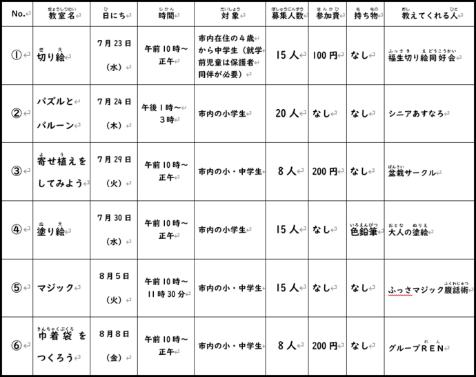 2025「夏休み子ども教室」日程表
